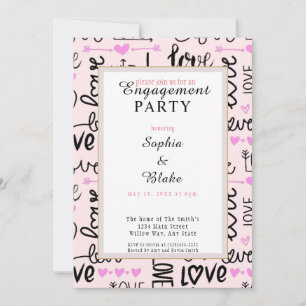 Invitación Moderna fiesta de compromiso de amor rosado y negr