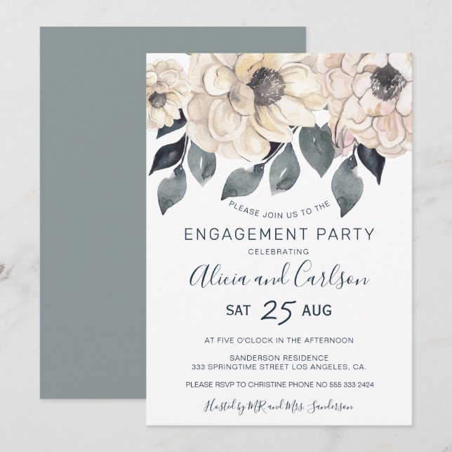Invitación Moderna fiesta de compromiso de caligrafía floral  (Anverso / Reverso)