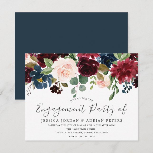 Invitación Moderna fiesta de compromiso de flores de Rubor en (Anverso / Reverso)