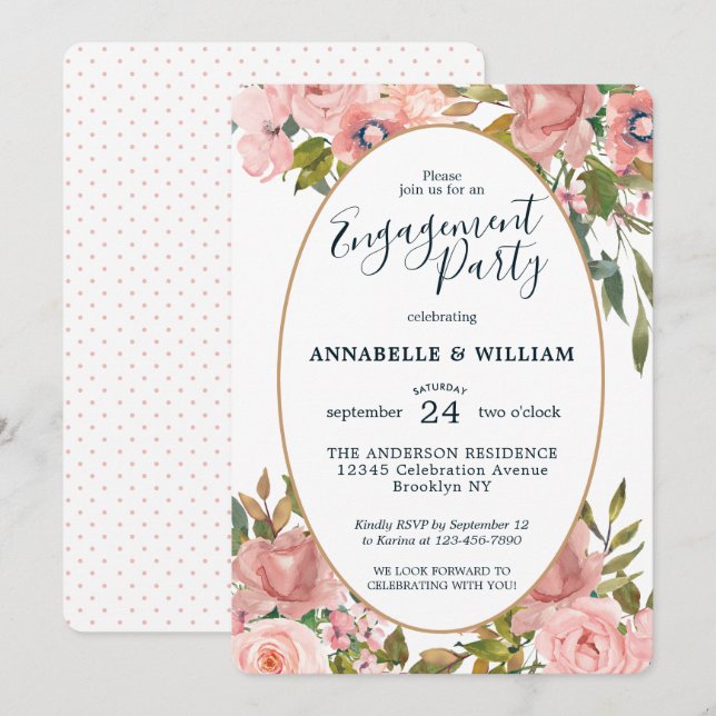 Invitación Moderna fiesta de compromiso de oro floral rosa Ru (Anverso / Reverso)