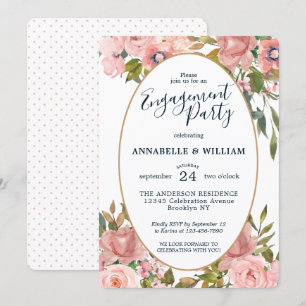 Invitación Moderna fiesta de compromiso de oro floral rosa Ru