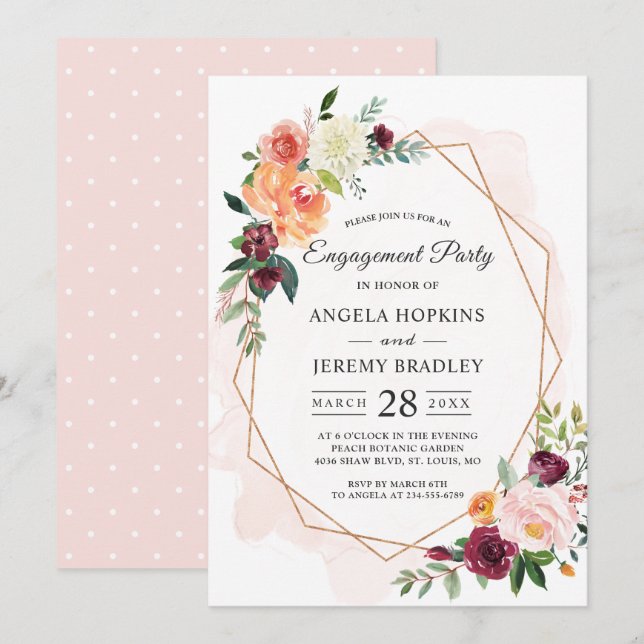 Invitación Moderna fiesta de compromiso floral de marco de di (Anverso / Reverso)
