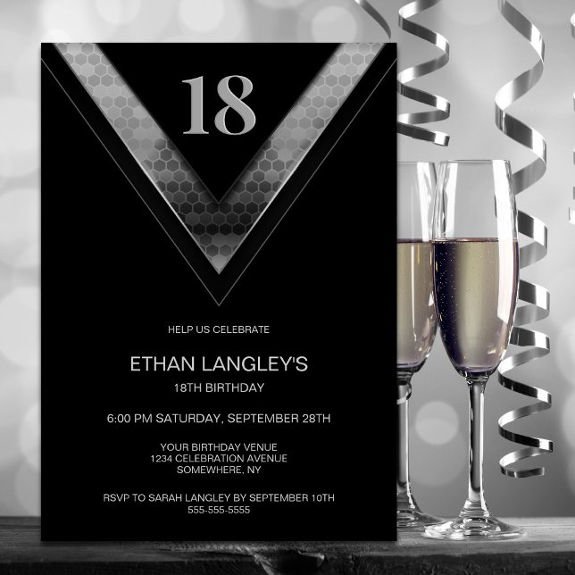 Invitación Moderna fiesta de cumpleaños 18 Black Silver (Subido por el creador)
