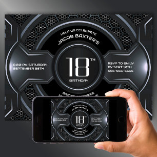 Invitación Moderna fiesta de cumpleaños 18 Black Silver