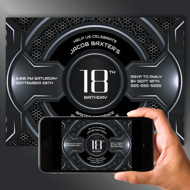 Invitación Moderna fiesta de cumpleaños 18 Black Silver (Subido por el creador)