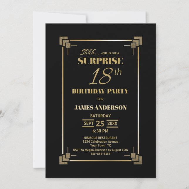 Invitación Moderna fiesta de cumpleaños 18 de Black Surprise (Anverso)