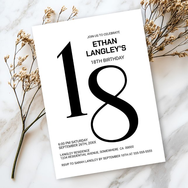 Invitación Moderna fiesta de cumpleaños 18 en blanco y negro (Subido por el creador)