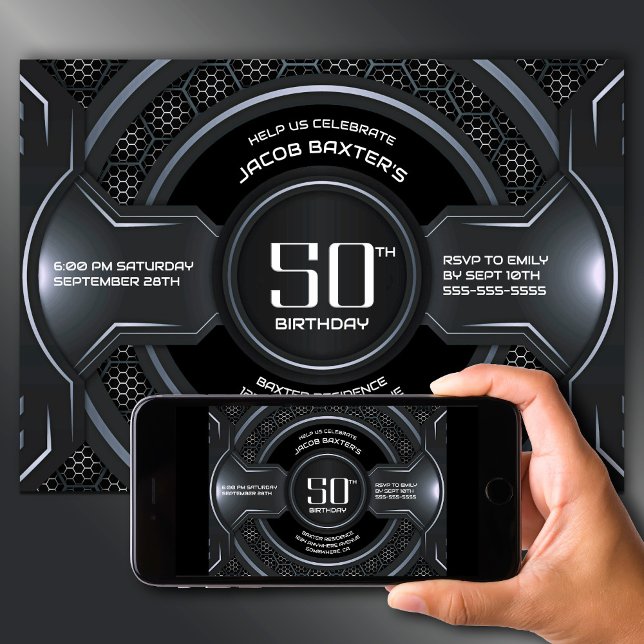 Invitación Moderna fiesta de cumpleaños 50 Black Silver (Subido por el creador)