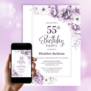 Invitación Moderna fiesta de cumpleaños 55 de Floral Rosa