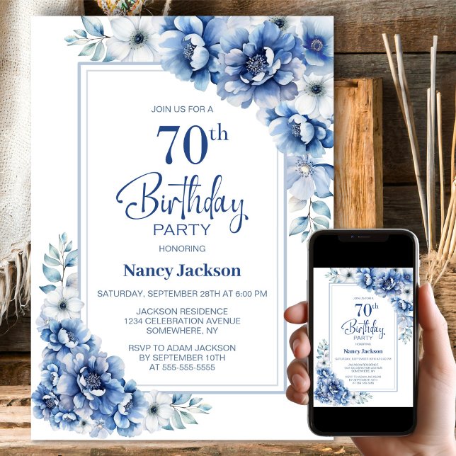Invitación Moderna fiesta de cumpleaños 70 de Floral Azul (Subido por el creador)