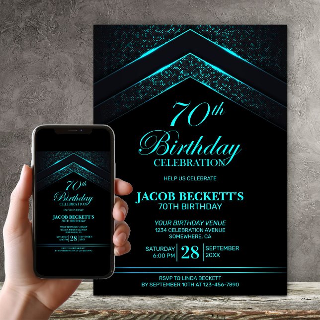 Invitación Moderna fiesta de cumpleaños 70 Verde azulada negr (Subido por el creador)
