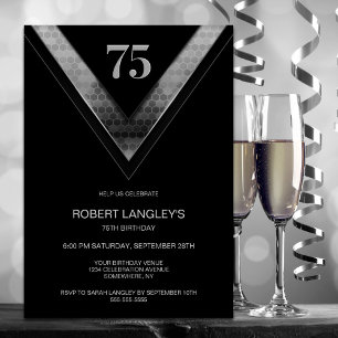 Invitación Moderna fiesta de cumpleaños 75 Black Silver
