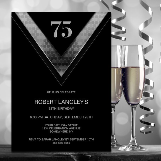 Invitación Moderna fiesta de cumpleaños 75 Black Silver (Subido por el creador)