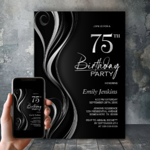 Invitación Moderna fiesta de cumpleaños 75 Black Silver