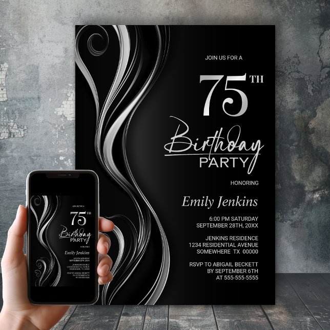 Invitación Moderna fiesta de cumpleaños 75 Black Silver (Subido por el creador)