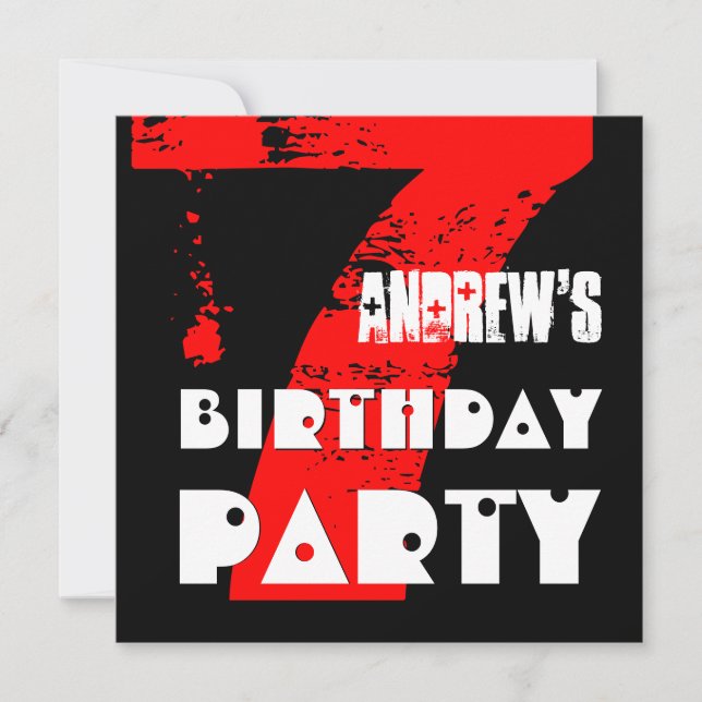 Invitación Moderna fiesta de cumpleaños 7 años de edad RED V1 (Anverso)