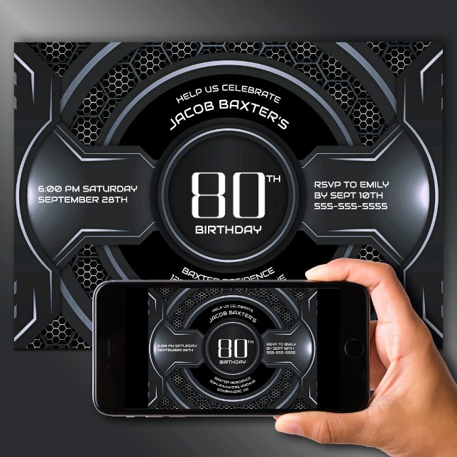 Invitación Moderna fiesta de cumpleaños 80 Black Silver (Subido por el creador)