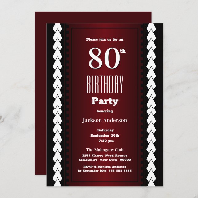 Invitación Moderna fiesta de cumpleaños 80 en Borgoña (Anverso / Reverso)