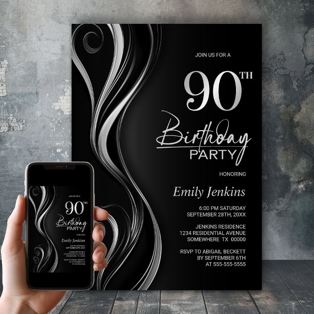 Invitación Moderna fiesta de cumpleaños 90 Black Silver (Subido por el creador)