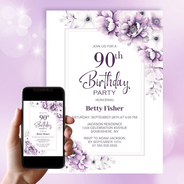 Invitación Moderna fiesta de cumpleaños 90 de Floral Rosa (Subido por el creador)