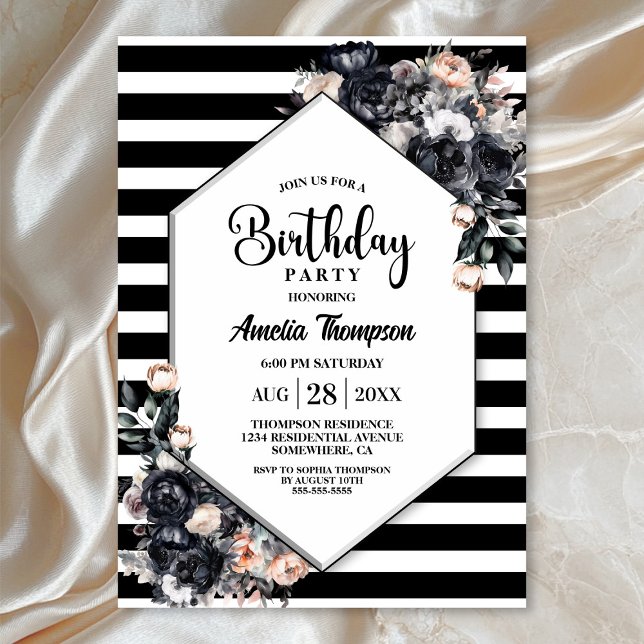 Invitación Moderna fiesta de cumpleaños a rayas florales negr (Subido por el creador)
