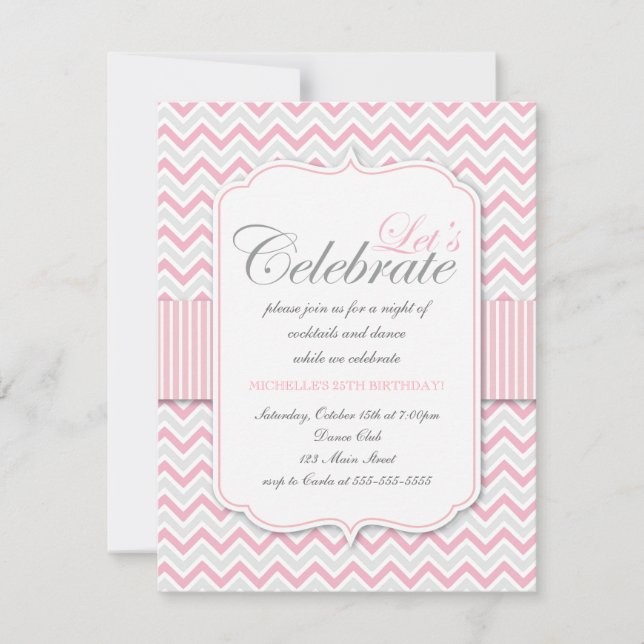 Invitación Moderna fiesta de cumpleaños de Chevron Rosa Delic (Anverso)