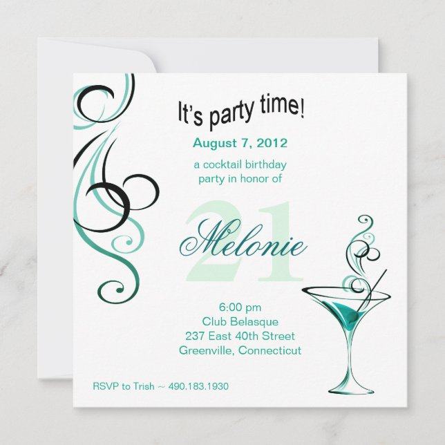 Invitación Moderna fiesta de cumpleaños de cóctel (aqua) (Anverso)