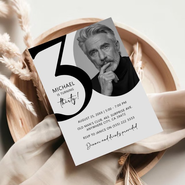 Invitación Moderna fiesta de cumpleaños de fotos en blanco y  (Subido por el creador)