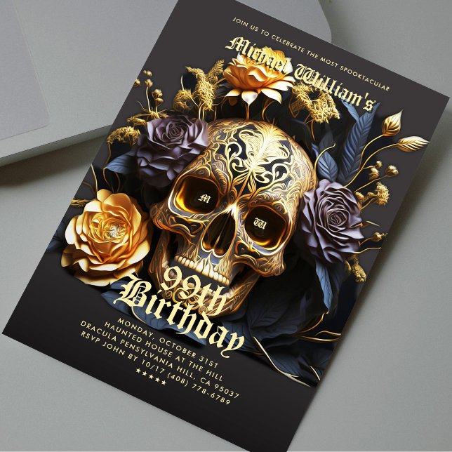 Invitación Moderna fiesta de cumpleaños de Halloween Black Go (Modern Halloween Birthday Party Black Gold Skull Invitation
)