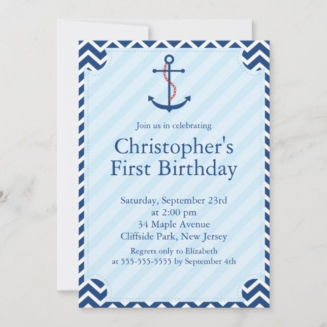 Invitación Moderna fiesta de cumpleaños de la regadera náutic (Anverso)