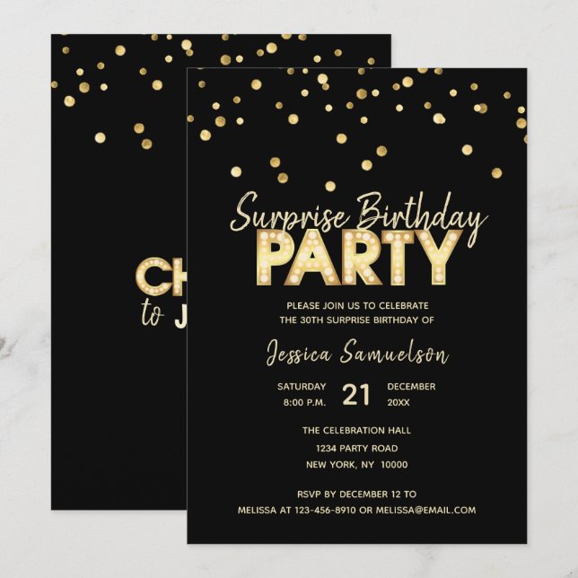 Invitación Moderna fiesta de cumpleaños de la SORPRESA Negra  (Anverso / Reverso)