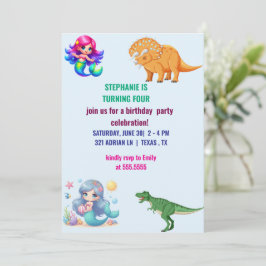 Invitación Moderna fiesta de cumpleaños de sirena de dinosaur