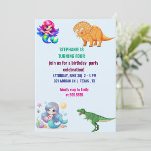 Invitación Moderna fiesta de cumpleaños de sirena de dinosaur