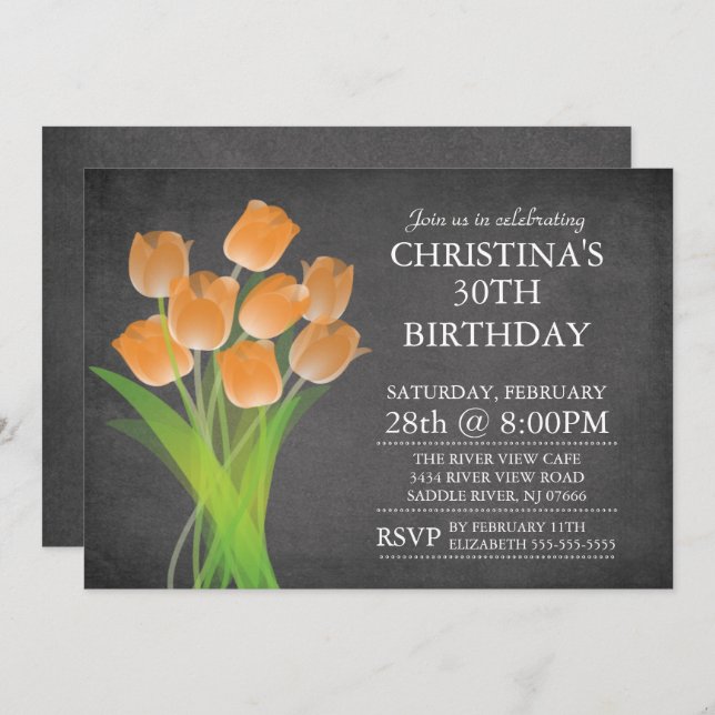 Invitación Moderna fiesta de cumpleaños de Tulip tipográfica (Anverso / Reverso)