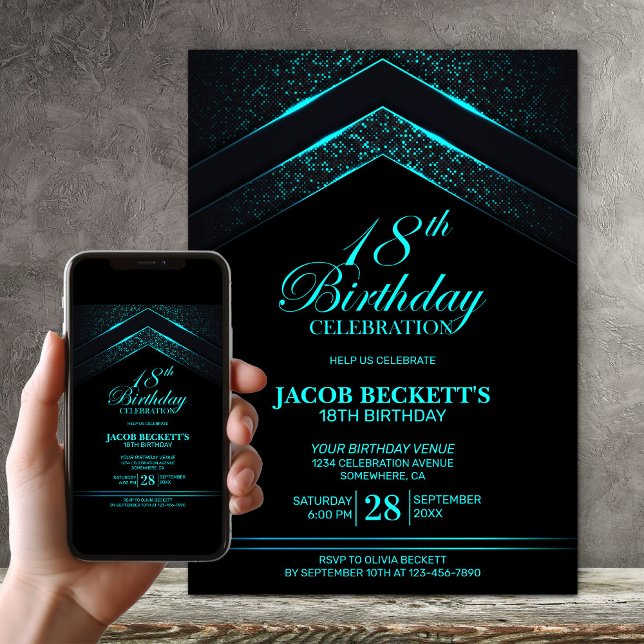 Invitación Moderna fiesta de cumpleaños número 18 Verde azula (Subido por el creador)