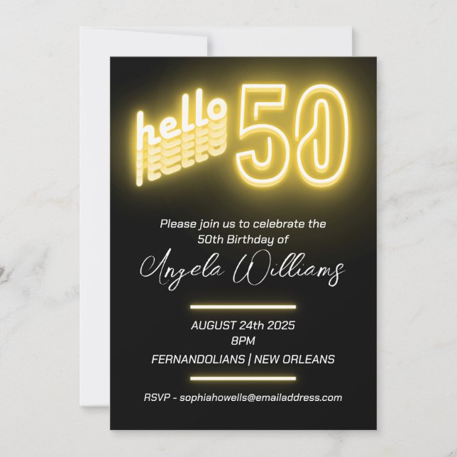 Invitación Moderna fiesta de cumpleaños número 50 de Neón (Anverso)
