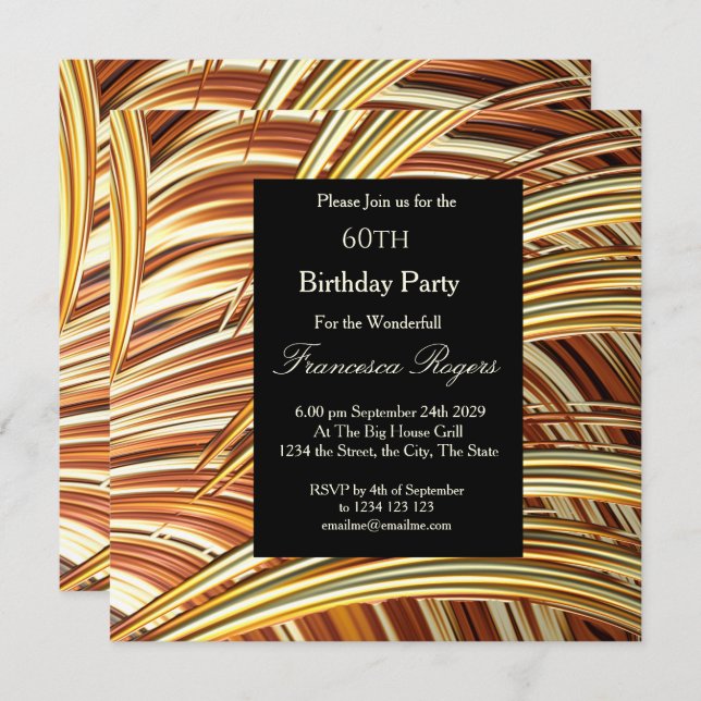 Invitación Moderna fiesta de cumpleaños número 60 Golden Blac (Anverso / Reverso)
