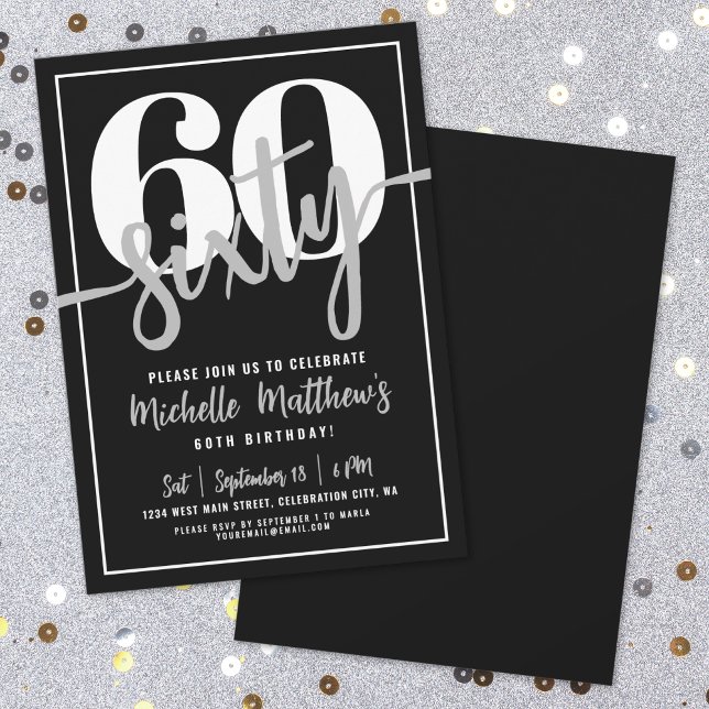 Invitación Moderna fiesta de cumpleaños número 60 negra (Modern Black 60th Birthday Party Invitation )