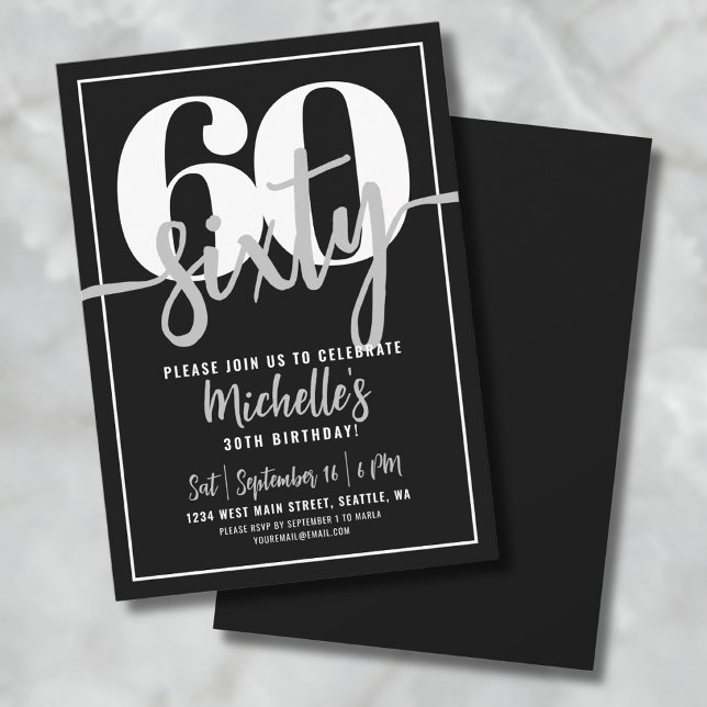 Invitación Moderna fiesta de cumpleaños número 60 negra (Modern Black 60th Birthday Party Invitation)