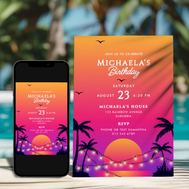 Invitación Moderna Fiesta de Cumpleaños Tropical Beach Sunset (Subido por el creador)