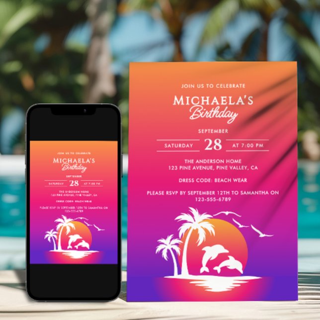 Invitación Moderna Fiesta de Cumpleaños Tropical Beach Sunset (Subido por el creador)