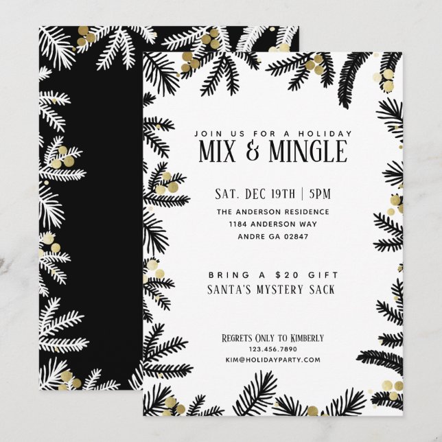Invitación Moderna fiesta de feriado de Black & Gold Pine y B (Anverso / Reverso)
