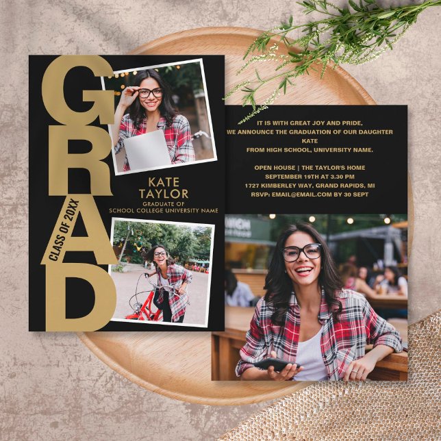 Invitación Moderna Fiesta De Graduación 3 Foto Negro Y Oro (Subido por el creador)