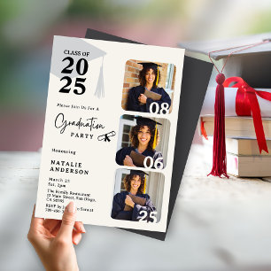 Invitación Moderna fiesta de graduación de 3 fotos en blanco