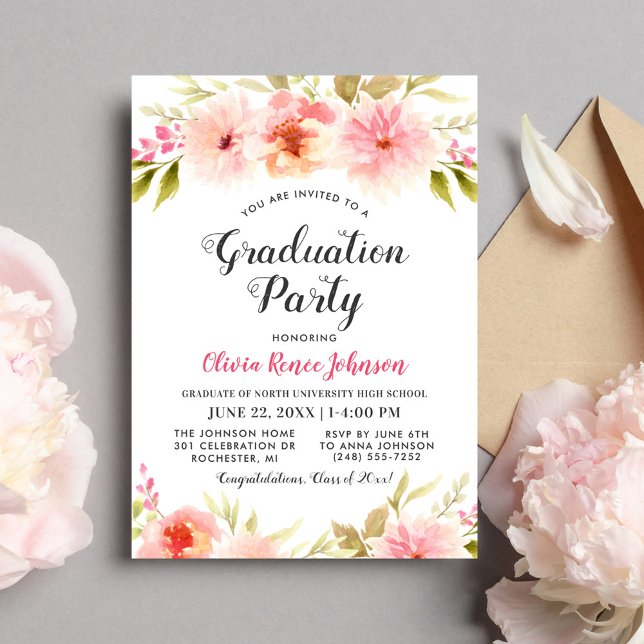 Invitación Moderna fiesta de graduación de acuarela floral ro (Subido por el creador)