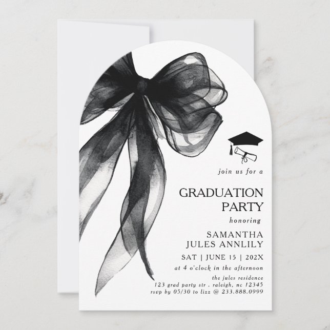 Invitación Moderna fiesta de graduación de Black Bow (Anverso)
