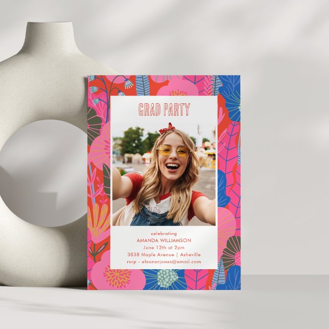 Invitación Moderna fiesta de graduación de Boho Rojo Floral.  (Subido por el creador)