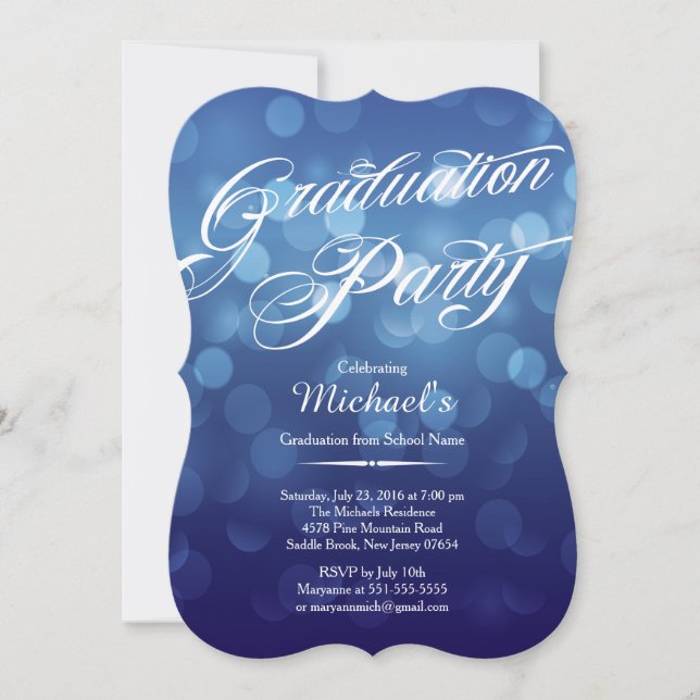 Invitación Moderna fiesta de graduación de Bokeh Blue Typogra (Anverso)