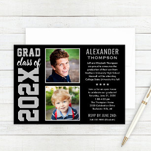 Invitación Moderna fiesta de graduación de dos fotos en gris 