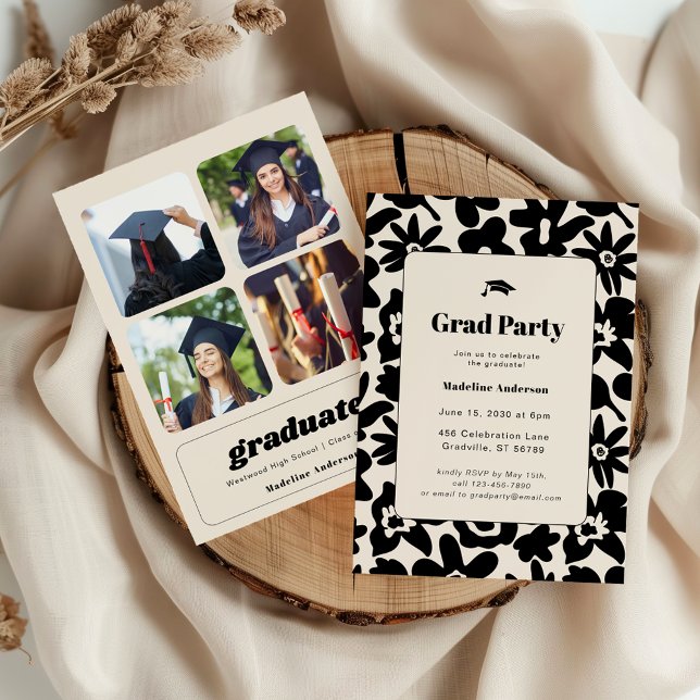 Invitación Moderna fiesta de graduación de floral negro retro (Subido por el creador)